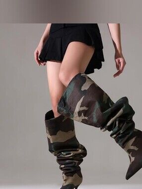 Trendy Camouflage Slouch Stiletto Knee-High Boots - Women